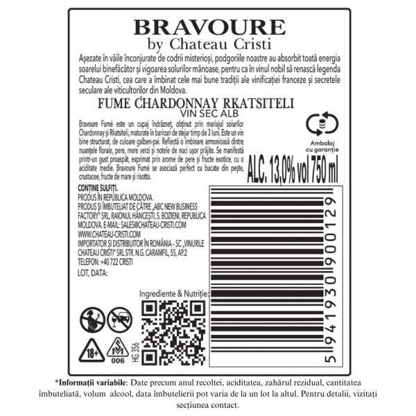 Vin Alb Sec, Bravoure, Fume Chardonnay & Rkatsitelli, Chateau Cristi, 0.75L - Image 2