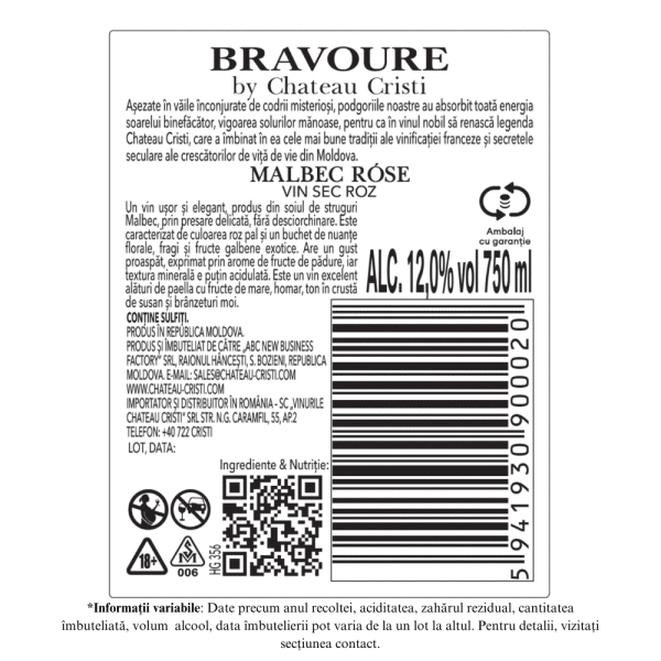 Vin Rose Sec, Bravoure, Malbec, Chateau Cristi, 0.75L - Image 2