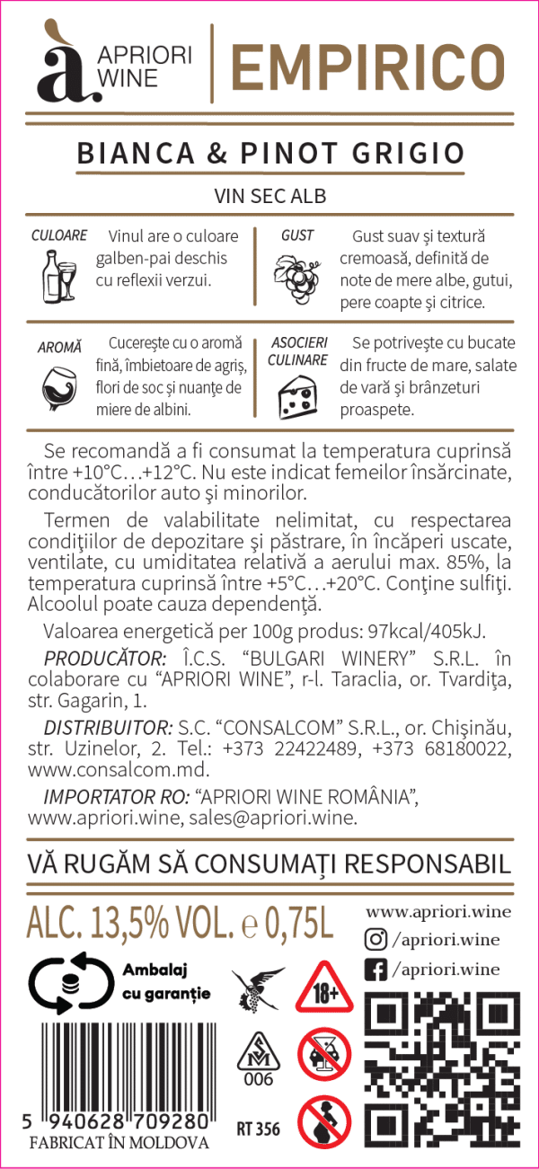 Vin sec alb Bianco & Pinot Grigio Empirico Apriori 0,75L - Image 2