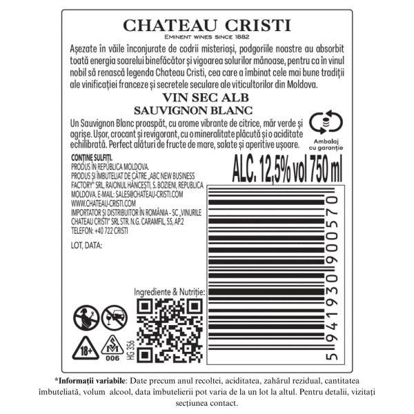 Vin Alb Sec, Sauvignon Blanc, Chateau Cristi, 0.75L - Image 2