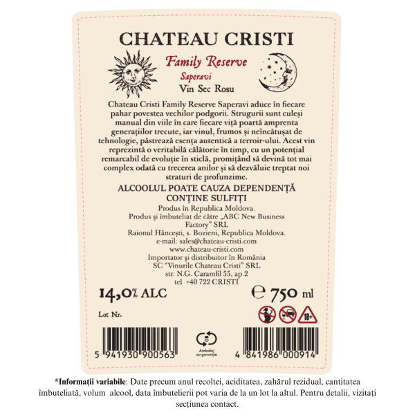 Vin Roșu Sec, Family Reserve, Saperavi, Chateau Cristi, 0,75L - Image 2