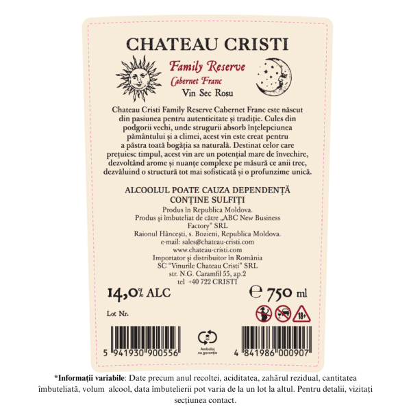 Vin Roșu Sec, Family Reserve, Cabernet Franc, Chateau Cristi, 0,75L - Image 2