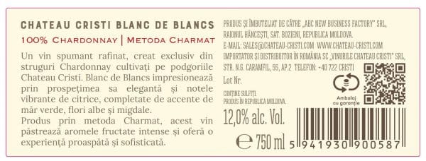Vin spumant Alb Brut, Chardonnay Blanc de Blanc, Chateau Cristi, 0,75L - Image 2