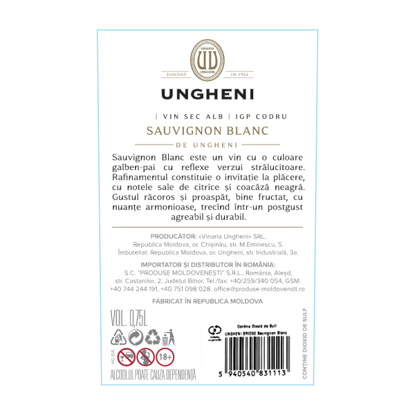 Vin Alb Sec, Bridge, Sauvignon Blanc, UNGHENI, 0,75L - Image 2
