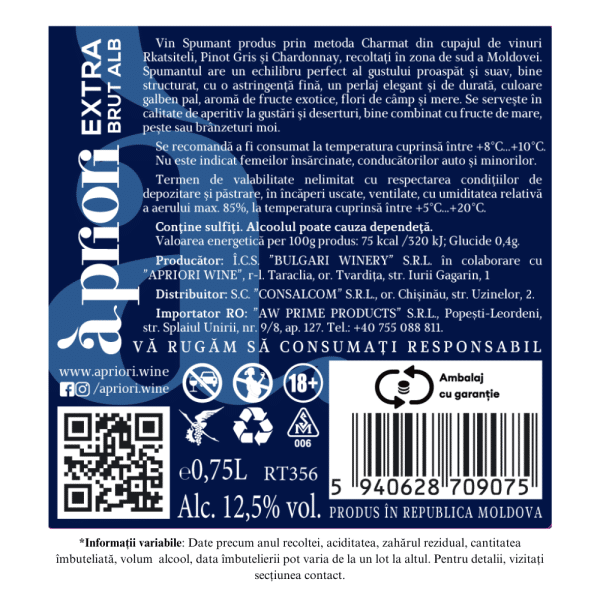 Vin Spumant Extra Brut alb APRIORI CUVÉE 0,75L - Image 2