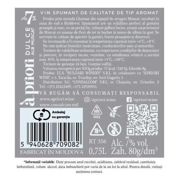 Vin Spumant aromat dulce alb APRIORI MUSCAT 0,75L - Image 2