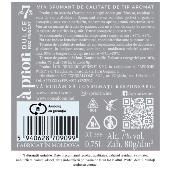 Vin Spumant aromat dulce rose APRIORI MUSCAT 0,75L - Image 2
