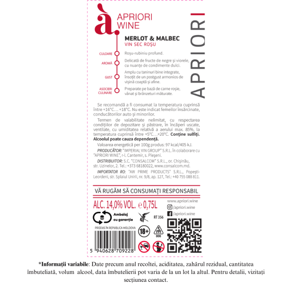 Vin rosu sec APRIORI Merlot & Malbec 0,75L - Image 2