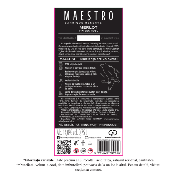 Vin rosu sec APRIORI MAESTRO Merlot 0,75L - Image 2