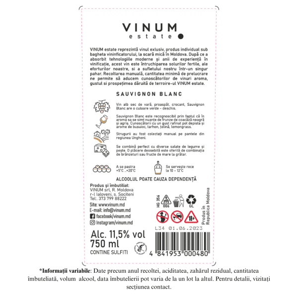 Vin Alb VINUM estate, Sauvignon Blanc, Sec 0.75L - Image 2