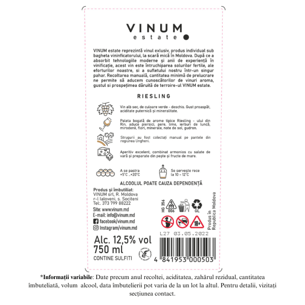 Vin Alb VINUM estate Riesling, Sec 0.75L - Image 2
