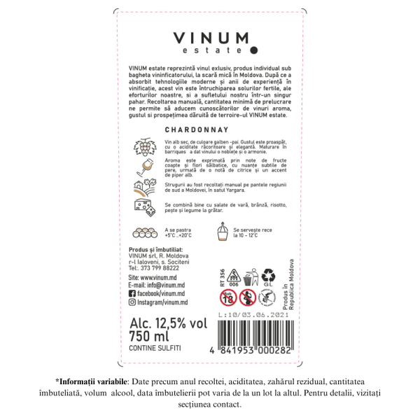 Vin Alb VINUM estate Chardonnay, Sec 0.75L - Image 2