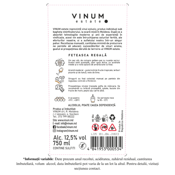 Vin Alb VINUM estate Feteasca Regala, Sec 0.75L - Image 2