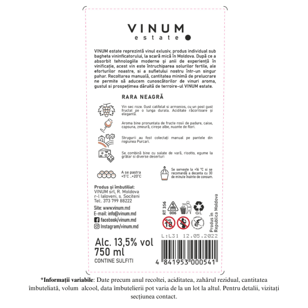 Vin Rose VINUM estate Rara Neagra, Sec 0.75L - Image 2