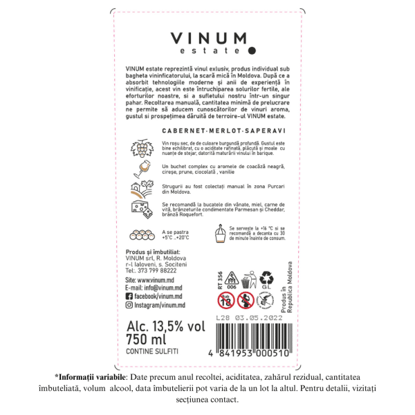 Vin Rosu VINUM estate 3 Sons, Cabernet Sauvignon-Merlot-Saperavi, Sec 0.75L - Image 2