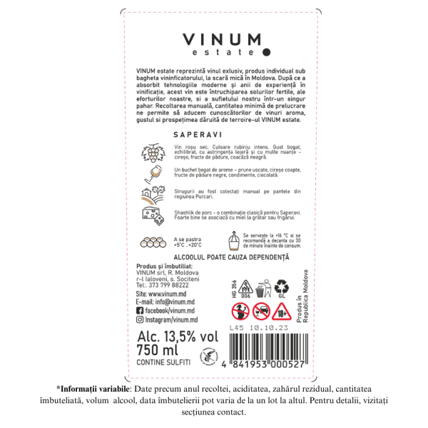 Vin Rosu VINUM estate SAPERAVI, Sec 0.75L - Image 2