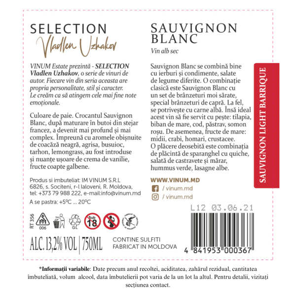 Vin Alb VINUM estate SELECTION, Sauvignon Blanc Light Barrique, Sec 0.75L - Image 2