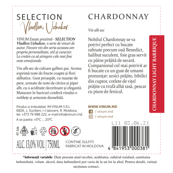 Vin Alb VINUM estate SELECTION, Chardonnay Light Barrique, Sec 0.75L - Image 2