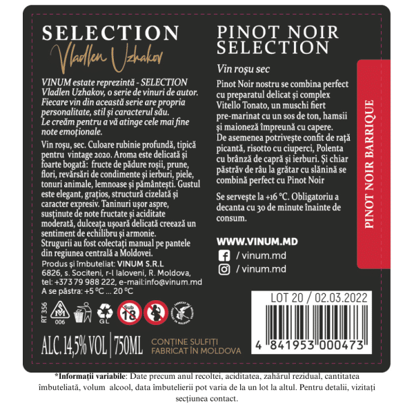 Vin Rosu VINUM estate SELECTION, Pinot Noir, Sec 0,75L - Image 2
