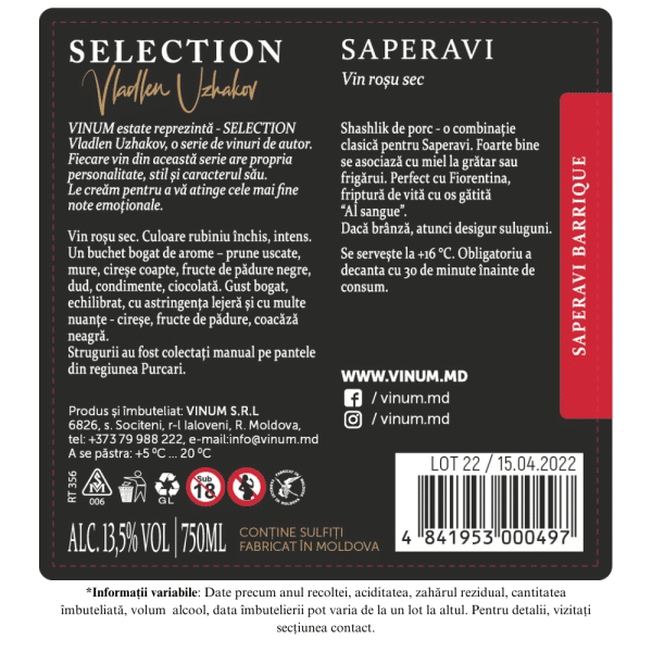 Vin Rosu VINUM estate SELECTION, Saperavi, Sec 0,75L - Image 2