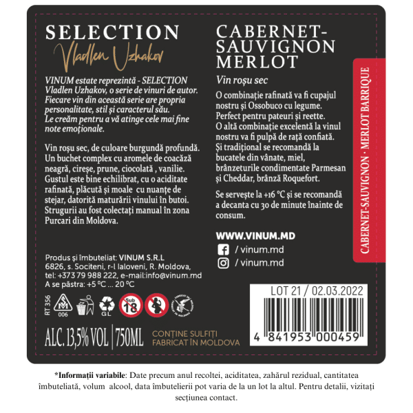 Vin Rosu sec, VINUM estate SELECTION, Cabernet Sauvignon Merlot, 0,75L - Image 2