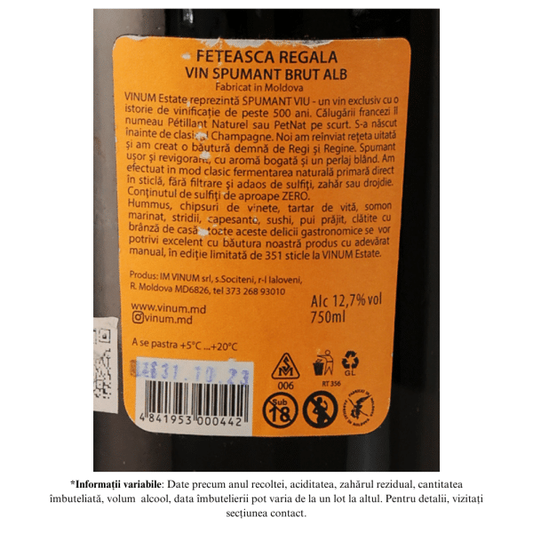 Vin Spumant Viu, Fetească Regală Brut Vinum Estate 0,75L - Image 2