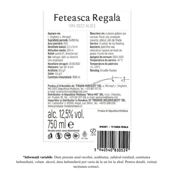 CRAMA MIRCESTI FETEASCA REGALA - Vin Alb Sec 0,75L - Image 2