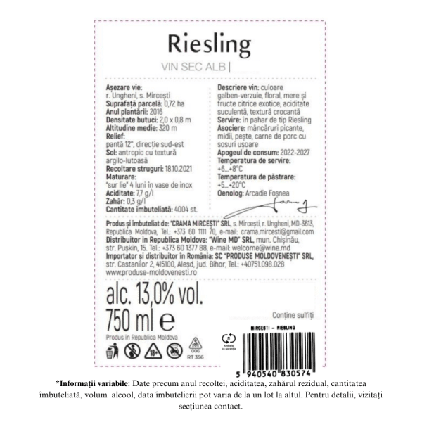 Crama Mircesti Riesling - Vin Alb Sec 0.75L - Image 2