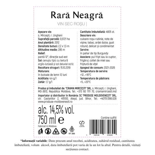 Crama Mircesti Rara Neagra - Vin Rosu Sec 0.75L - Image 2