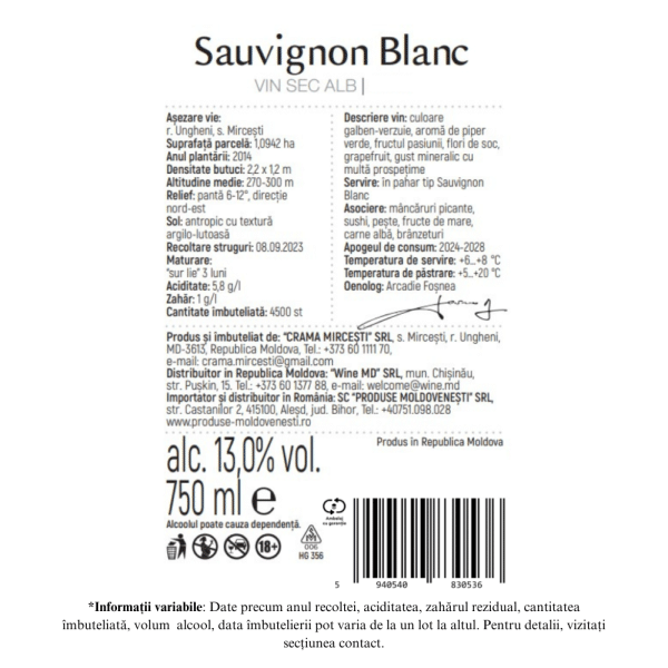 Crama Mircești Sauvignon Blanc - Vin Alb Sec 0.75L - Image 2