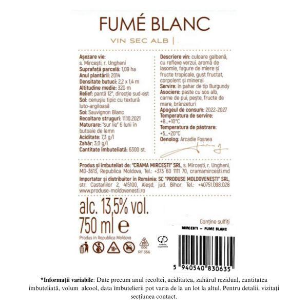 Crama Mircesti - Bardul din Mircesti Fume Blanc - Vin Alb Sec 0,75L - Image 2