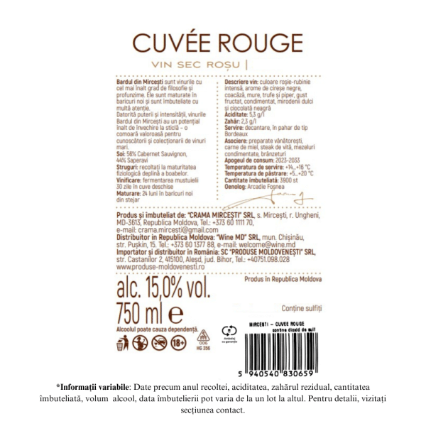 Crama Mircesti Bardul din Mircesti Cuvee Rouge - Vin Rosu Sec 0,75L - Image 2