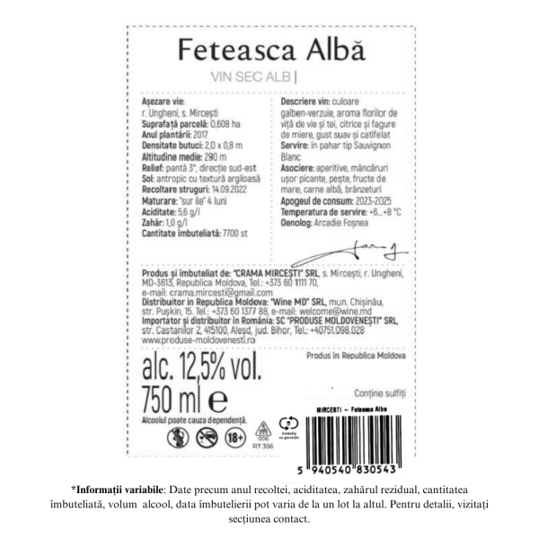 Crama Mircesti Feteasca Alba - Vin Alb Sec 0,75L - Image 2