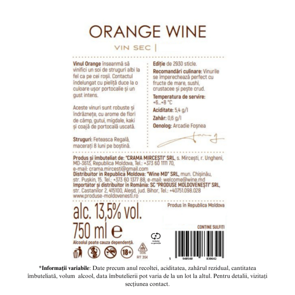 Vin alb sec, Orange Wine, Bardul din Mircesti, Crama Mircesti, 0,75L - Image 2