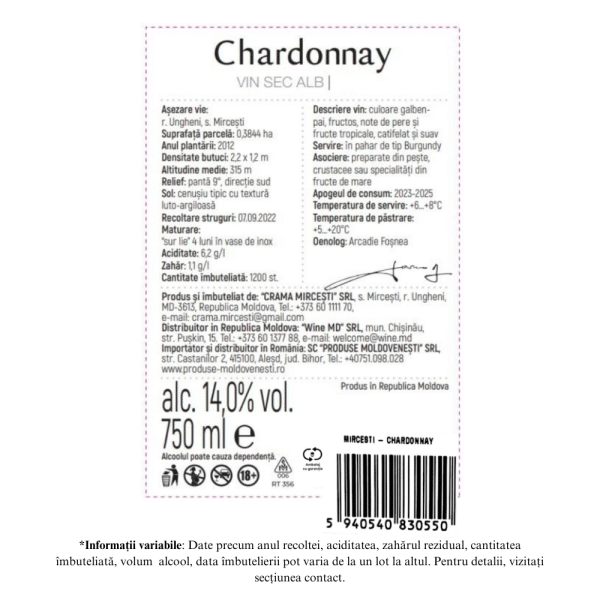 Vin Alb Sec, Chardonnay- Crama Mircesti, 0,75L - Image 2