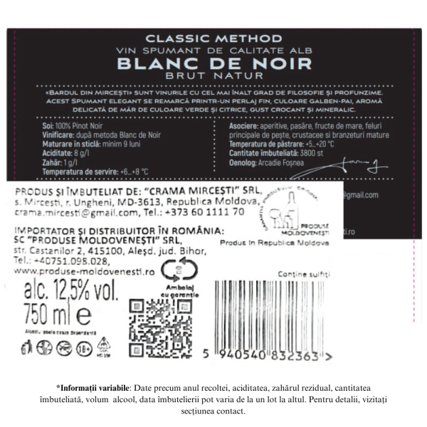 Vin Spumant Alb Brut, Bardul din Mircesti - Crama Mircesti 0,75L - Image 2