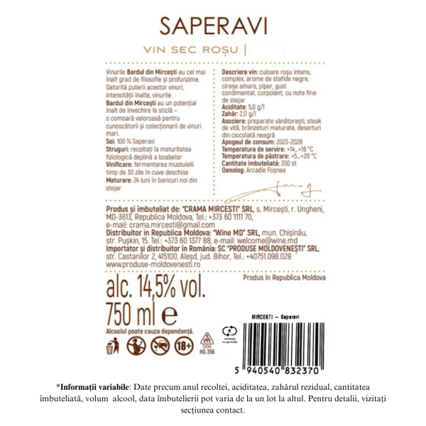 Vin Rosu Sec, Bardul din Mircesti Saperavi, Crama Mircesti 0,75L - Image 2