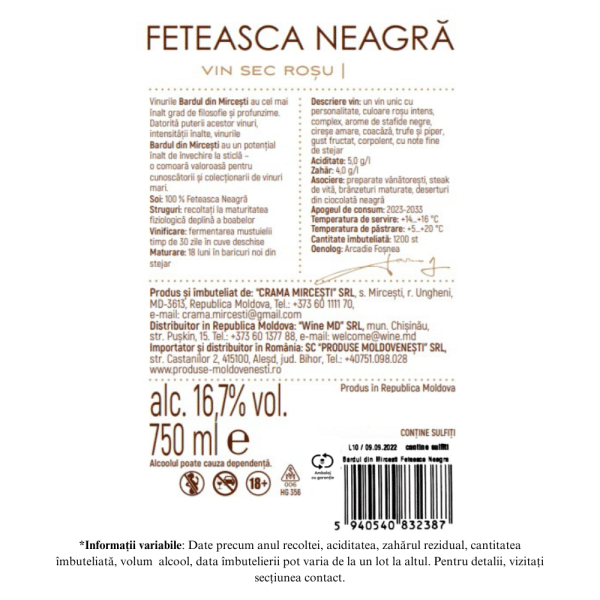 Vin Rosu Sec, Crama Mircesti- Bardul din Mircesti Feteasca Neagra 0.75L - Image 2