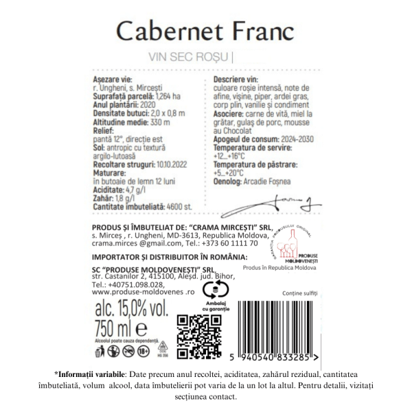 Vin Rosu Sec, Cabernet Franc, Crama Mircesti, 0,75L - Image 2