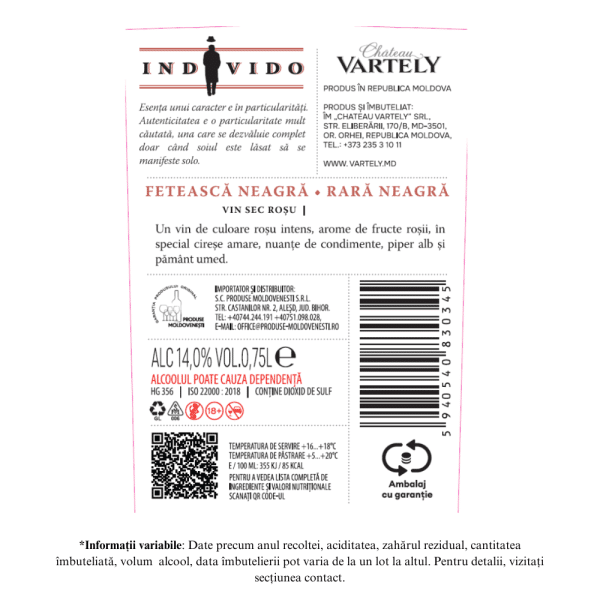 Chateau Vartely Individo Feteasca Neagra & Rara Neagra Vin Rosu Sec 0.75L - Image 2