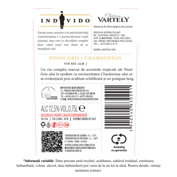 Vin Alb Sec, Individo, Pinot Gris & Chardonnay, Chateau Vartely, 0,75L - Image 2