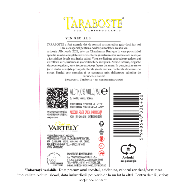 Chateau Vartely Taraboste Chardonnay: Vin Alb Sec 0.75L - Image 2