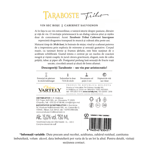 Vartely Taraboste Tribut 2017 - Cabernet Sauvignon: Vin Rosu Sec 0.75L - Image 2