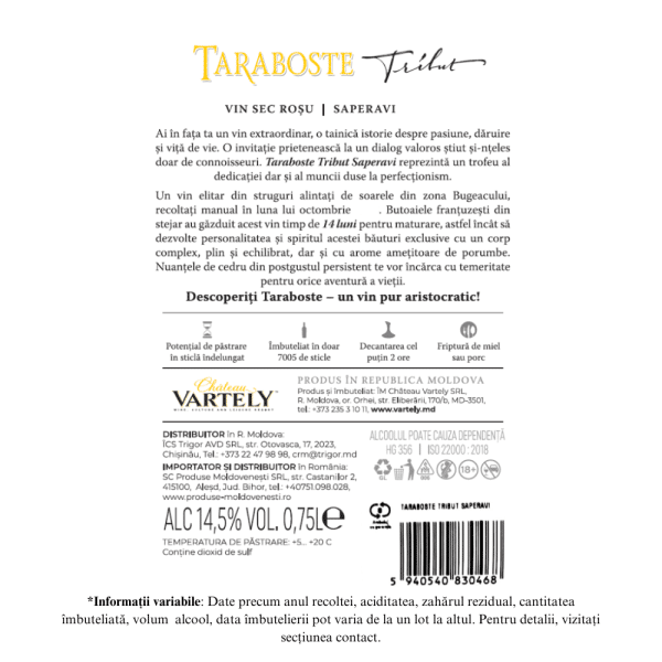 Chateau Vartely Taraboste Tribut Saperavi 2018 - Vin Roșu Sec 0.75L - Image 2