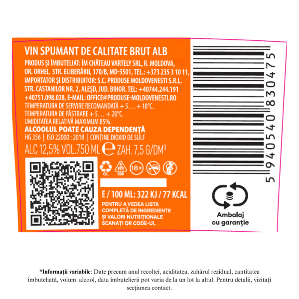Chateau Vartely Brut - Vin Spumant Clasic Alb 0.75L - Image 2