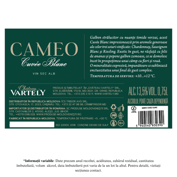 Chateau Vartely Cameo Cuvee Blanc : Vin Alb Sec 0.75L - Image 2