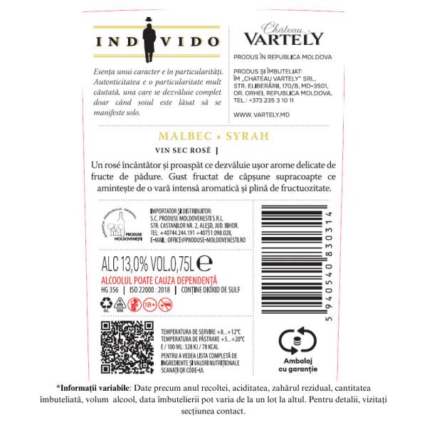 Vin rose sec, Chateau Vartely INDIVIDO Malbec & Syrah 0,75L - Image 2