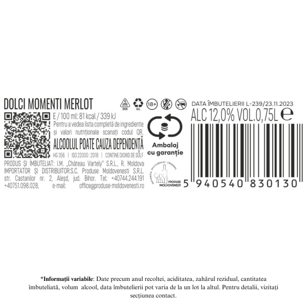 Vin rosu demidulce, Dolci Momenti, Merlot, Chateau Vartely, 0.75 L - Image 2