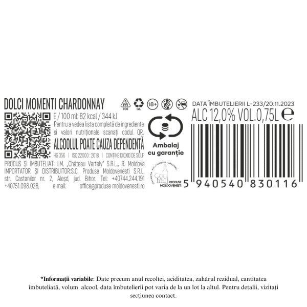 Vin alb demidulce, Dolci Momenti, Chardonnay, Chateau Vartely, 0.75L - Image 2