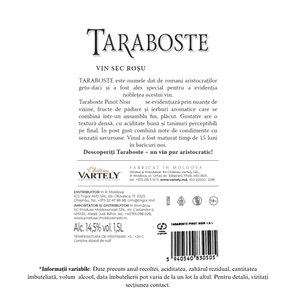 Vin Rosu Sec 2019 - Chateau Vartely Taraboste Pinot Noir 1.5L - Image 2